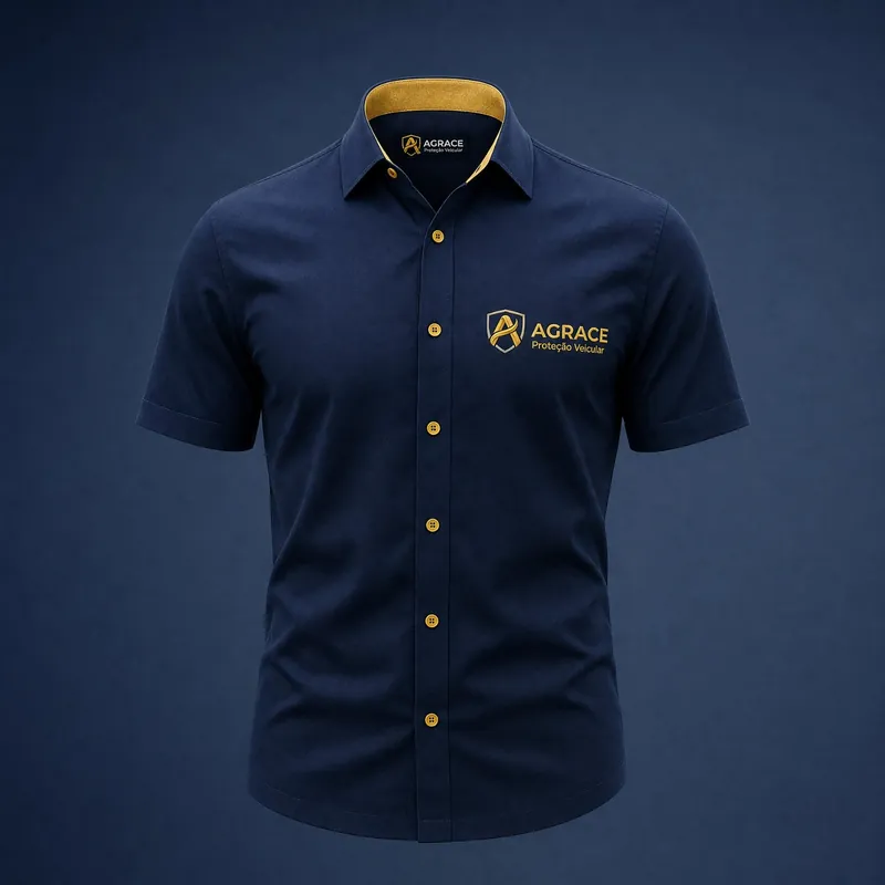 Camisa social azul-marinho com a logo Agrace bordada em dourado (imagem ilustrativa)